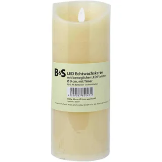 B & S LED Echtwachskerze elfenbein rund bewegliche Flamme und Timer H:20 x Ø 9 cm