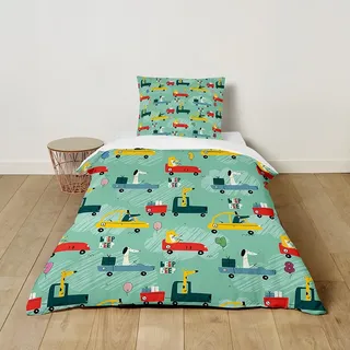 Hiseng Bettwäsche-Sets, Karikatur Kinder Bettwäsche Set, Kuschel Bettwäsche mit Reißverschluss, Bettbezug mit Kissenbezug für Mädchen und Jungen (135x200cm,Grünes Auto)