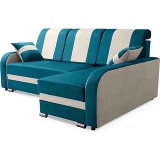 Robin BARI Ecksofa mit Schlaffunktion, Sofa mit Schlaffunktion, Schlafsofa mit Bettkasten und Kissen, Freistehende Eckcouch in L-Form Rechts (Türk... - Türkis/Beige