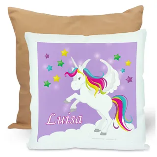CreaDesign, Kinder Kissen 40x40 cm personalisiert mit Namen, Kinderzimmer Deko Kissen Kinder mit Füllung Federn, Motiv Einhorn lila, Rückenfarbe Beige