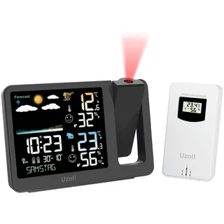 Uzoli EM3539A Projektionswecker mit Außensensor, Funkwecker mit Projektion | Temperatur- & Uhrzeitprojektion an Decke • DCF-Funkuhr • Luftfeuchtigkeit • Wettervorhersage • Auto-Dimmer • Komfortanzeige