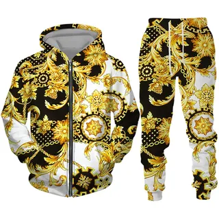 Herren Trainingsanzug Set Hip Hop Gold Kette 3D gedruckt Reißverschluss Hoodie und Jogginghose Mode Casual 2 Stück Set Sweatshirt Anzüge - M