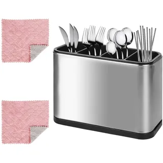 Trendecor 4 Fächer Besteckhalter, Küchenutensilienhalter mit 2 Putztuch für Küche Edelstahl Esszimmer Abtropfschale Besteckkasten Caddy Halter für Essstäbchen Löffel Messer und Gabeln
