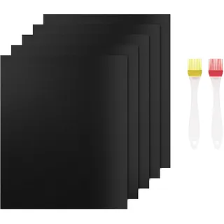 Grill Mat for Gas Grill 5 Stück Grillmatte für Gasgrill Antihaft Backmatte Wiederverwendbar BBQ Grillmatte 40x32 cm 2 Pinsel Grillplatte für Holzkohle Grill, Elektro Tischgrill, Backofen, PFOA-Frei