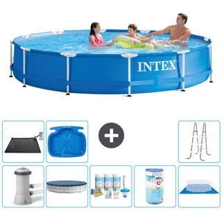 Intex Rundrahmen-Schwimmbecken – 366 x 76 cm – Blau – inklusive Pumpe Abdeckung - Wartungspaket - Filter - Bodenplane - Solarmatte - Leiter