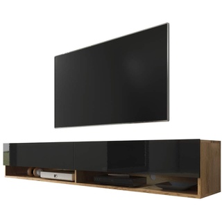 Selsey Wander - TV-Board/Fernsehschrank für Wohnzimmer hängend/stehend, optional mit LED, 180 cm breit (Holzoptik Wotan Eiche/Schwarz Hochglanz, ohne LED)