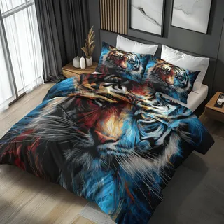 Generisch Bettwäsche 140x200 3D Tiger - Schlafzimmer Deko Bettbezug 140 x 200 2tlg Safari Wildtier Muster, 1 Kissenbezug 70x90, mit Reißverschluss, Weich Mikrofaser TY-33