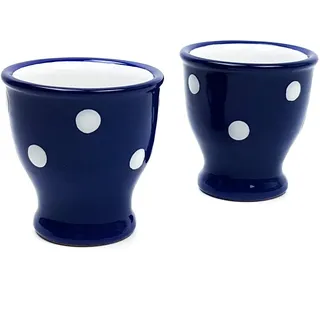 UNGARNIKAT Keramik Eierbecher 2er-Set – Handbemalt im Landhausstil – Blau mit weißen Punkten – Handgemacht & Spülmaschinenfest – Vintage Eierhalter für Frühstück & Ostern