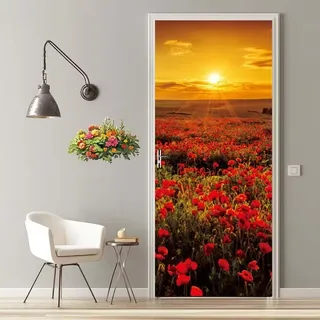 Türfolie Selbstklebend 3D Türaufkleber Sonnenuntergang Mohnblumen Türtapete Selbstklebend Türposter 90X200 cm Türtattoo Poster Tapete Abnehmbar Fototapete für Wohnzimmer Schlafzimmer Küche Bad -MT410