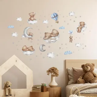 Tanlaby Teddybär auf Wolke Wandtattoo Mond Stern Heißer Luftballon Wandsticker