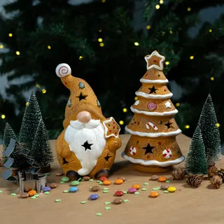 Keramik LED-Figur 2er Set - Wichtel und Weihnachtsbaum Weihnachtsdeko Tisch-Deko Dekofigur