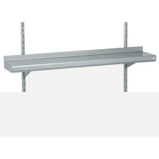 Tournus Edelstahl Wandregal mit 1 Ebene mit Regalschiene. L x T x H: 1400 x 290 x 315 mm. Aufkantung hinten Höhe 50mm. Stärke Regalboden: 1,2mm.