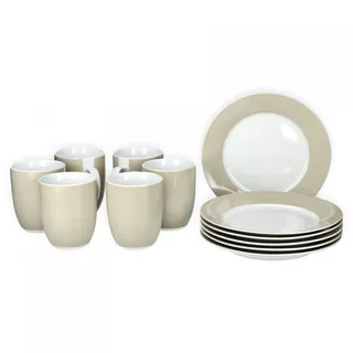 van Well Vario Frühstücksset 12-teilig Kombi-Service 6 Personen - Geschirr-Set Kaffee, Frühstück & Tafel - je 6 kleine, flache Frühstücksteller & Kaffeebecher aus Porzellan - Beige