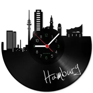GRAVURZEILE Schallplattenuhr - Skyline Hamburg - Wanduhr aus gegossenem Vinyl mit Stadt Skyline 30 cm - Upcycling Design-Uhr Wand-Deko Vintage Wand-Dekoration Retro-Uhr - Made in Germany