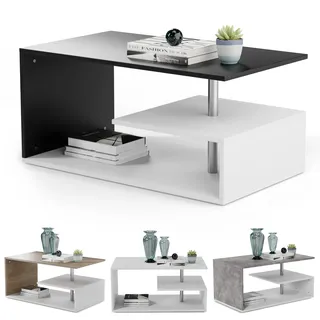 MIADOMODO® Couchtisch - 90x50 cm, mit Stauraum, Modern, Eckig, Asymmetrisch, Leicht, Lang, Niedrig, Weiß mit Betonoptik/Eichenoptik/Grau - Wohnzimmertisch, Sofatisch, Kaffeetisch (Weiß-Dunkelgrau)