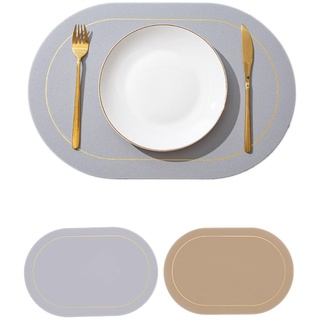 Wambere 6 Stück 45cm×30cm Tischsets Platzsets Leder,Zweifarbiges Ovales Tischset,Tischdekoration Tischuntersetzer Essunterlagen Tischsets Abwaschbar Abwischbar rutschfest Hitzebeständig,Grau + Gold