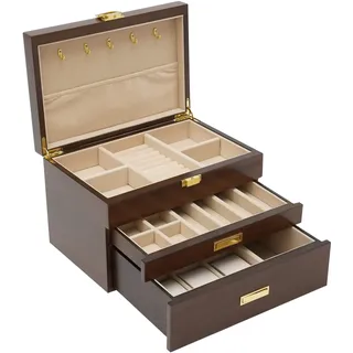 OUKANING 3 Schicht Schmuckbox Groß Schmuckschatulle, Mit Ausziehbare Schublade, Anti-Rutsch Pads, Rechteckig Schmuckkästen, Premium Hardware, Für Verschiedenen Schmuck, Geschenk (Schwarznuss)