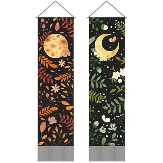AHANDMAKER Psychedelischer Wandteppich mit Sonne und grünem Mond, 130 x 33 cm, für Wohnzimmer und Schlafzimmer, 2 Stück