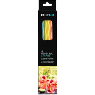 Chef Aid 12 wiederverwendbare dicke Kunststoff-Trinkhalme, geeignet für heiße und kalte Getränke, aus BPA-freiem, robustem und langlebigem Kunststoff, jede Packung enthält 4 blaue, 4 rosa und 4 gelbe