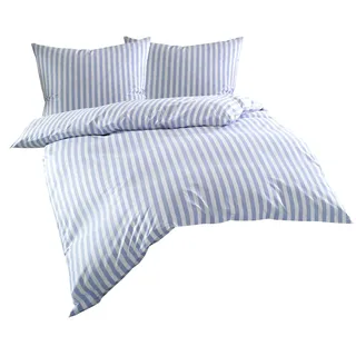 Bettwaesche-mit-Stil Mako Batist/Mako Perkal Landhaus Bettwäsche Streifen Oslo gestreift (200 cm x 220 cm + 2X 80 cm x 80 cm, Blau - Streifen)