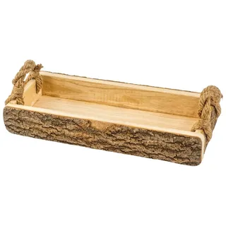 meberg Dekotablett Holztablett mit Rinde Dekotablett 41 cm Holz (Tischdekoration Kerzenteller Obstschale, rechteckig), mit Seil-Griffen Dekoschale Dekoration braun