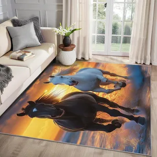 MMYAOKEN Pferd Teppich Wohnzimmer 120x170 Schwarz Weiß Pferde Deko, Teppich Kurzflor, Weich rutschfest Waschbare Teppiche, Bettvorleger Schlafzimmer Kinderzimmer