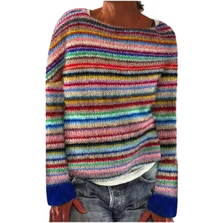Dyhxuan Pullover Damen Vintage Strickpullover Große Größen Norweger Pulli Warm Bequem Winterpullover Elegant Sweater Rundhals Strickpulli Langarm Wollpullover Autumn Winter Oberteile Wollpulli - M