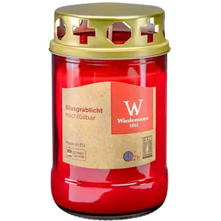 52-Stunden Grabkerze aus Glas Rot mit Deckel, Wiederverwendbar, 125 x 68 mm, Premium-Qualität Made in Germany, Grablicht, Friedhofskerze, Gedenkkerze