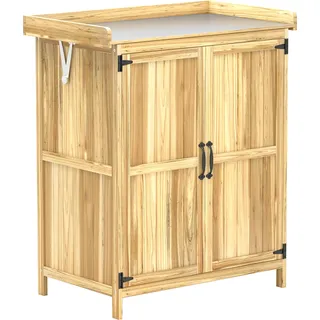 Outsunny Gartenschrank Holz, Geräteschuppen wetterfest 74x43x88cm, Gerätehaus mit Klappdach Ablagen, Arbeitsfläche, Geräteschrank, Gartenhaus Werkzeugschrank Gartenschuppen für Garten, Terrasse, Holz   Aosom