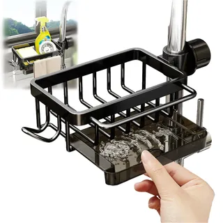 GCFTIFF Wasserhahn Lagerregal, Spülbecken Organizer Schwammhalter Küche, Edelstahl Seife Spülbecken Organizer, Schwammhalter mit Abnehmbarer Abtropfschale,Wasserhahn Lagerregal Metall (schwarz, links)
