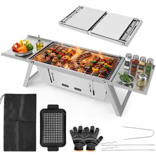 E EASTSTORM Camping Grill, Klappgrill Holzkohlegrill mit 3-stufiger Hitzeverstellung, Mini Tischgrill für 3-4 Personen, Ideal für Garten, Balkon, Strand & Reise, leicht zu Reinigen, 54x21x17.5cm