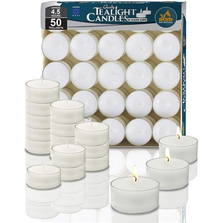 Ner Mitzvah Teelichter - Kerzen Großpackung mit 50 Stück - Weiße Unparfümierte Teelicht-Kerzen in Durchsichtigem Behälter - Teelichter Lange Brenndauer 4.5 Stunden