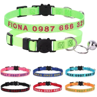 Personalisierter Katzenhalsband mit besticktem Namen, Grasgrün | Individuell bestickter Name & Telefonnummer; Ablös‐Sicherheitsschnalle, verstellbares Nylon‐Halsband für Katzen & Kätzchen