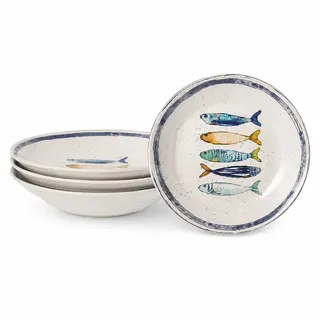 Teller im mediterranen Design mit Sardinen-Motiv | Maritime Speiseteller (26 cm), Suppenteller (21 cm) oder Dessertteller (20 cm) - robust, Steinzeug, glattes Finish (4er Set Pastateller (29 cm))