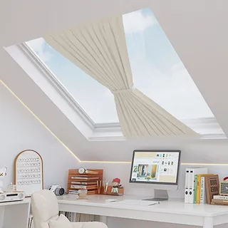 Aeovot Verdunkelung Dachfenster - Ohne Bohren Vorhang Dachschräge, Sonnenschutz/Verdunkelungs Dachfenster Gardinen für Schräge Fenster Einfache Installation, Leinenoptik(Light Brown,W100xH120cm)