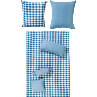 Erwin Müller Seersucker Wende-Bettwäsche karo blau-weiß Größe 80x80 cm / 155x220 cm - für die warme Jahreszeit, bügelfrei, schnell trocknend, mit Reißverschluss