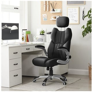 SONGMICS Chefsessel OBG65BK, ergonomischer Schreibtischstuhl, Drehstuhl, klappbare Armlehnen, höhenverstellbare Kopfstütze, Home-Office