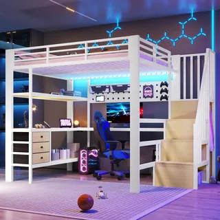 BTM Hochbett Jugendliche 140x200 mit Schreibtisch und LED, Stauraum Weiß