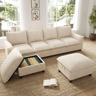 STILVORA Cloud-Sofa U-Form als modulares Ecksofa mit Deep-Seat-Design, U-Sofa mit 2 beweglichen Fußhockern, Wohnlandschaft mit hoher Rückenlehne ... - Beige