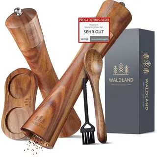 WALDLAND® Salz und Pfeffermühle aus Holz mit Untersetzer Gross (21 cm) | Gewürzmühlen mit hochleistungs - Keramikmahlwerk | Pfeffer und Salzmü...