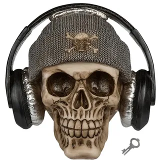 Out of the blue Skull Spardose, Totenkopf mit Fischermütze und Kopfhörer, Schwarz, ca. 14 x 17 cm, Polyresin, für Erwachsene, Fans von skurrilen Dekorationsartikeln