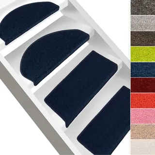 casa pura 15x Treppenstufen Matten, Stufenmatte innen für Treppe, Dynasty Velours Treppenteppich selbstklebend, Teppich für Treppenstufen (rechteckig, Blau)