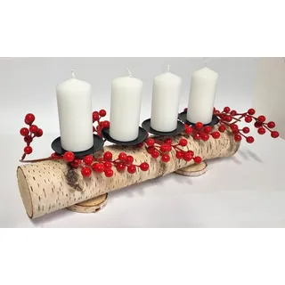 Kerzenständer aus Birkenstamm mit 4 Kerzenhaltern inkl. Kerzen und Dekofrüchten Girlande rot I Weihnachtsgesteck I Adventsgesteck I rustikal I handgefertigt in Deutschland