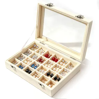 Aoyfuwell Ringorganizer, Schmuckkästchen, beigefarbener Samt, 24 Fächer | Ring-Ablage-Tablett mit transparentem Glasdeckel, praktische Aufbewahrung, passend für Hausgebrauch.
