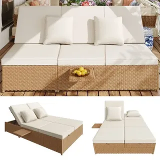 Gartenliege Doppelliege 199x120 Cm Aus Rattan, Outdoor Doppelliege Klappbar Mit Kissen, Wetterfeste Poolliege Rattan Für Balkon, Lounge Und Garten, Weiß