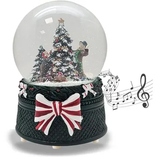 Schneekugel Weihnachten Spieluhr | Christbaum schmücken | B: 10cm | 20345 | Weihnachtsdekor grün | Schleife rot weiß | Höhe 14 cm | mit Musik | Schüttelkugel Weihnachtsdekoration