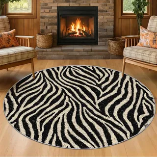 VIXENIUM Teppich Rund Zebra Wohnzimmer 140 cm Durchmesser | Mit Abstrakt Schwarz Streifen Muster, Geeignet Schlafzimmer Bettvorleger, Kurzflor Rutschfest Waschbar, Zebra Deko