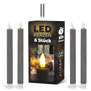 Stabkerzen LED mit Timer GRAU 6 Stück indoor - 6 Stunden - ECHTWACHS 23cm Höhe für Kerzen 2,2cm Durchmesser 2 AAA Batterien notwendig LED Stabkerzen 4er Set GRAU (zwei Mal) bewegliche Flamme Licht
