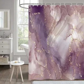 Hnmdmyi Duschvorhang Marmor 180x200, Abstrakt Rosa Lila Gold Glitzer Badewanne Vorhang Modern Luxus Ombre Kristall Textur Tinte Kunst Wasserdicht Polyester Stoff Waschbar Badevorhang mit Haken