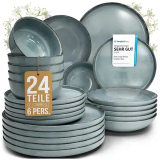 PURE LIVING INTERIOR DESIGN Steingut Geschirrset 6 Personen Rustic 24 tlg. TESTSIEGER, Hochwertiges Landhaussttil Steingut Geschirr Set, Schüssel- und Teller Set, Tafelservice 6 Personen, Geschirrsets Pure Living in Rauchblau